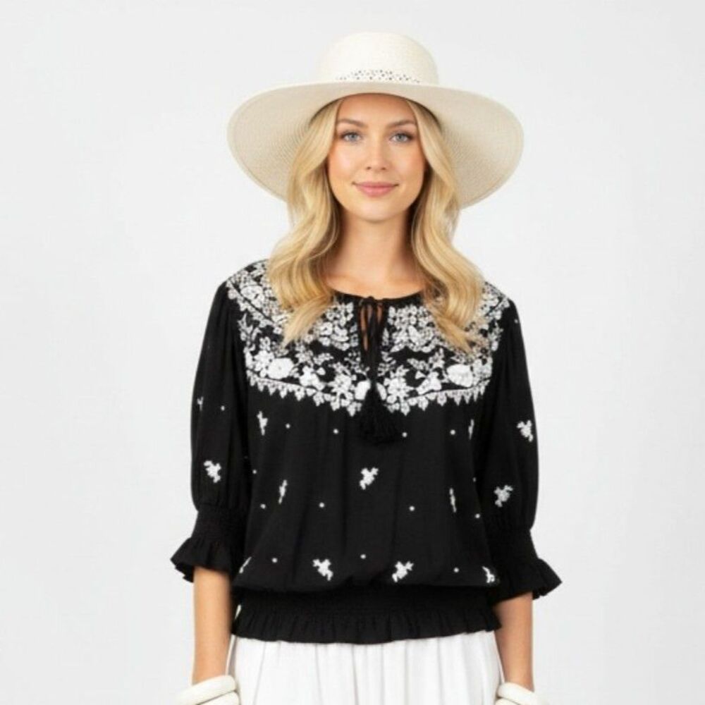 Ralph Lauren Black & White Peasant Boho Cottagecore Embroidered Blouse Top M